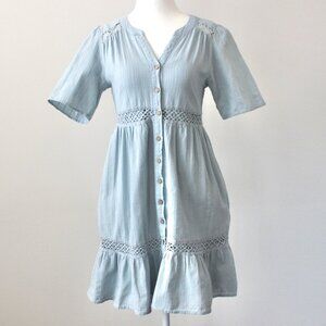 Knox Rose Blue Cotton Pocket Crochet Cutout Short-Sleeve Mini Dress Extra Small